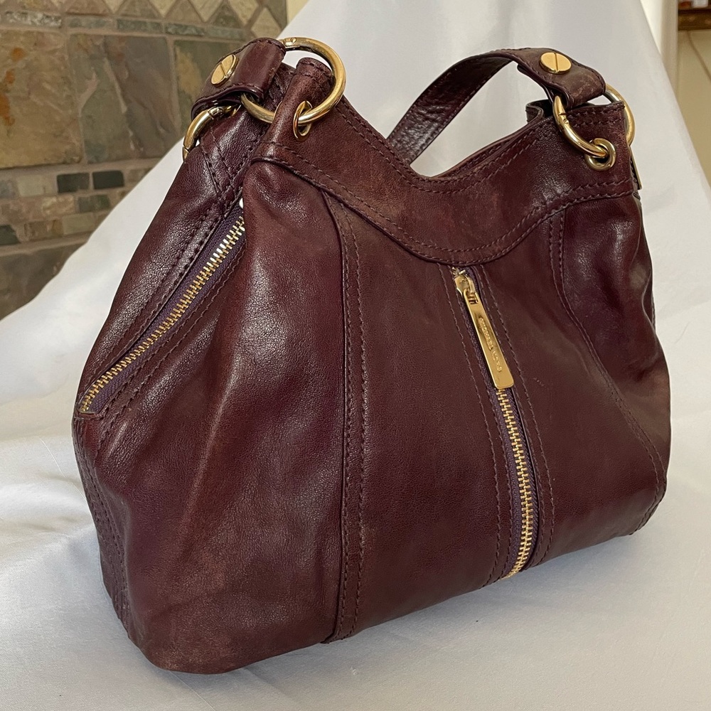 Michael Kors Hobo Shoulder Bag Side Expandable Zippers Distressed Leather